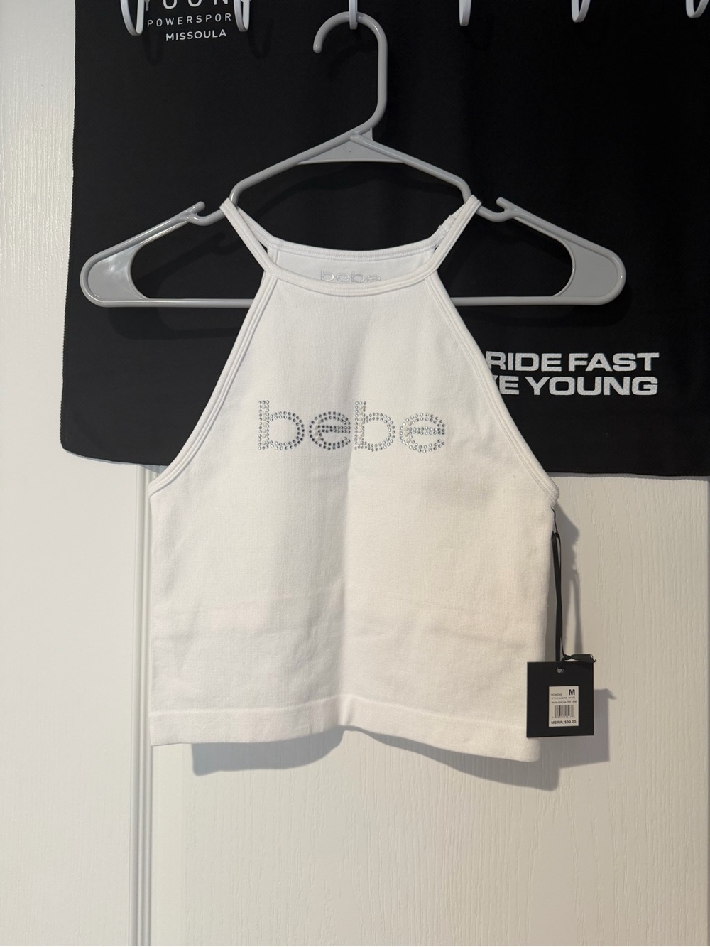 bebe White Rhinestone Logo Halter Crop Tank Top